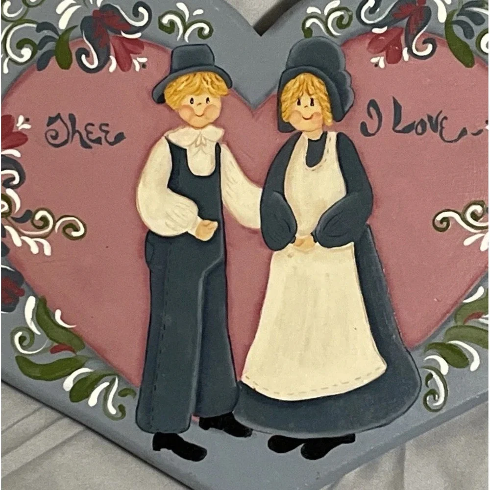 VTG Wooden Heart Shaped Hand‎ Painted Folk Art Wall Decor Cottage Farm